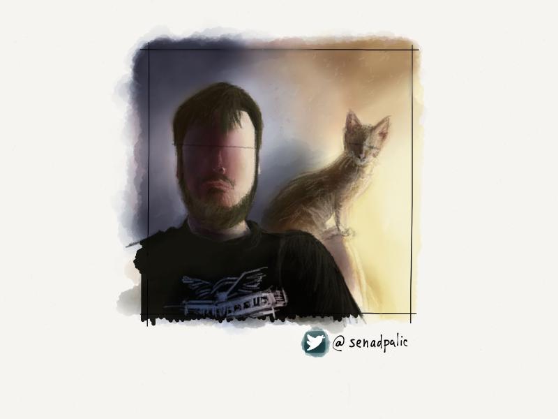 Digital watercolor and pencil portrait of a faceless bearded man with a kitty cat sitting next to him.