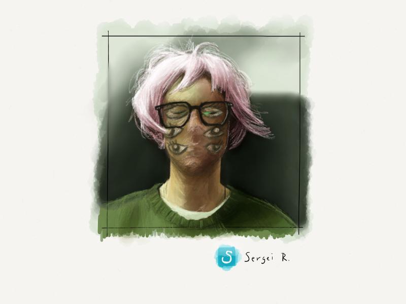 Digital watercolor and pencil portrait of a man in glasses with two sets of painted eyes on his face, wearing a powder pink wing.