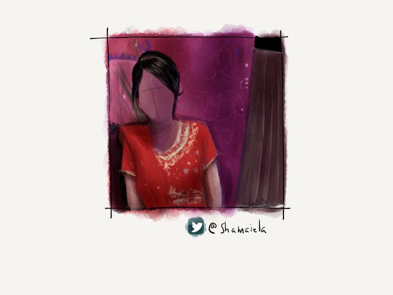 Digital watercolor of a faceless woman wearing a red sari, standing in front of a decorative purple wall.
