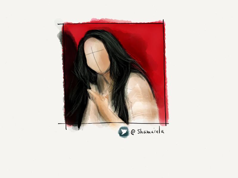 Digital watercolor and pencil portrait of a faceless woman with long black hair standing in front of a red wall.