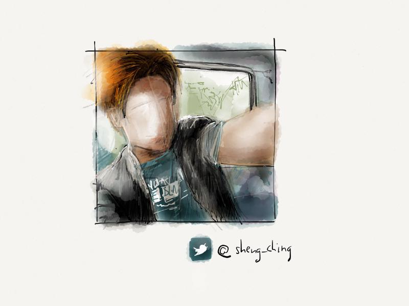 Digital watercolor and ink portrait of a faceless man taking a selfie in a car.