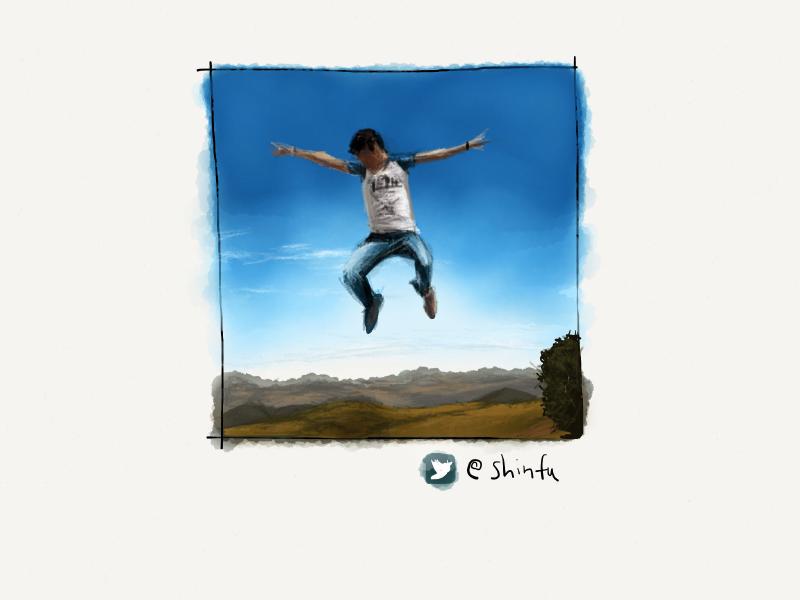 Digital watercolor and pencil portrait of a faceless man in jeans jumping in the air with forced perspective to look like he is flying in the sky.