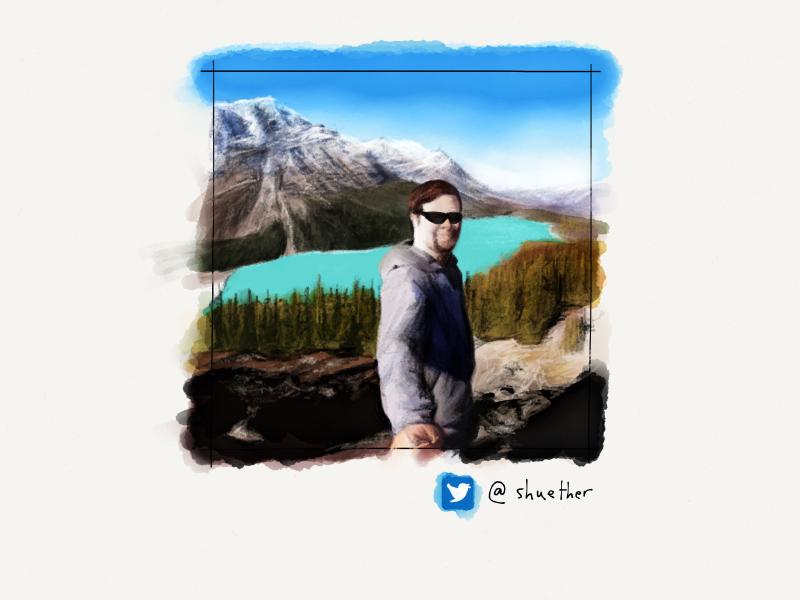 Digital watercolor and pencil portrait of a man with a goatee, wearing sunglasses and a gray hoodie while hiking by some trees and a mountain.