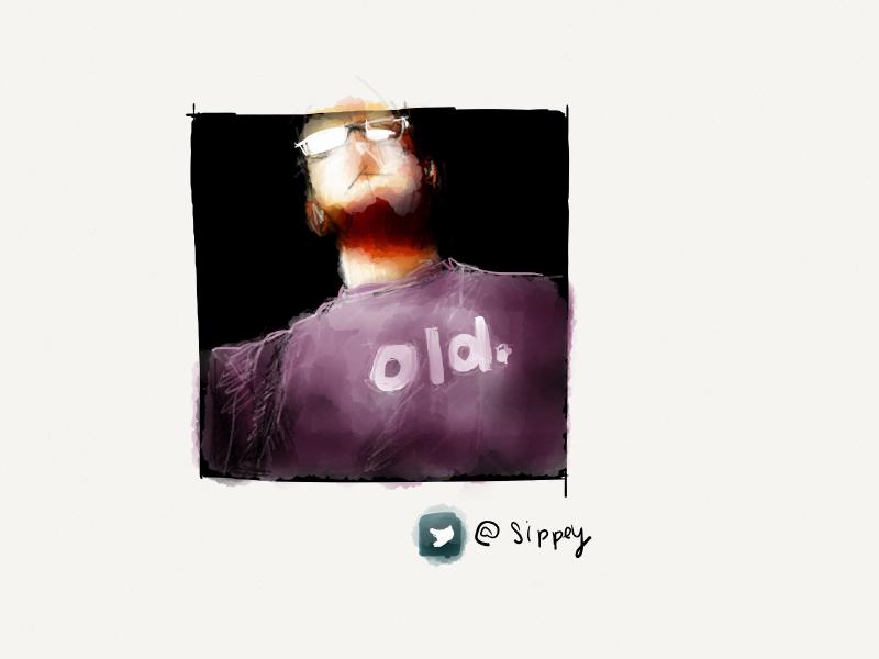 Digital watercolor and pencil portrait of a faceless man wearing glasses and a purple shirt with the phrase old. printed on it.