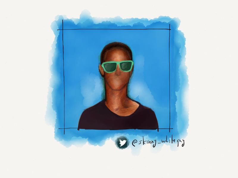 Digital watercolor and pencil portrait of a man wearing large green sunglasses and no mouth with his back against a blue wall.