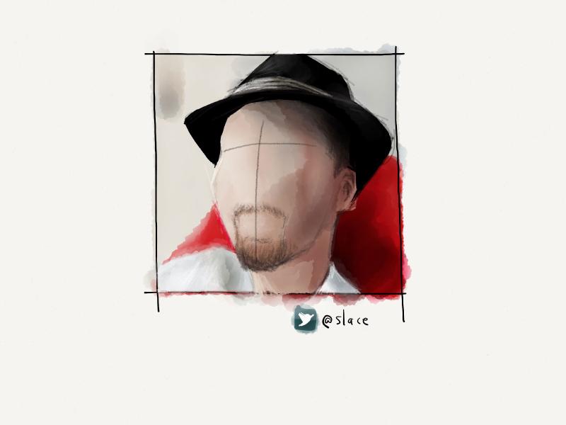 Digital watercolor and pencil portrait of a faceless man wearing a fedora hat and short goatee against a red wall.