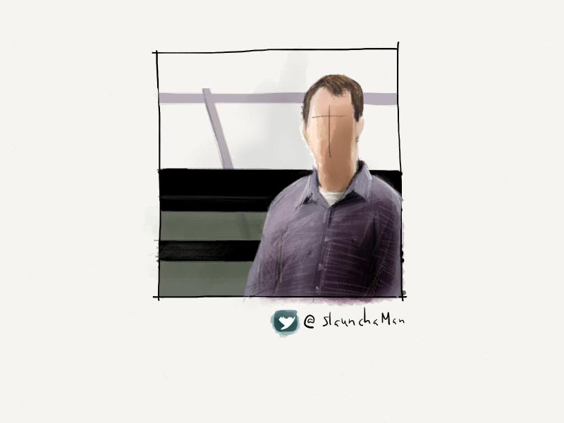 Digital watercolor and pencil portrait of a faceless man wearing a purple dress shirt.