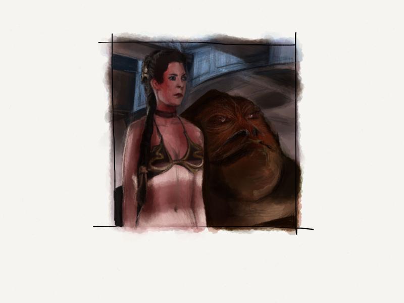 Digital watercolor and pencil portrait of Princess Leia dressed in a bikini, standing next to Jabba the Hutt from a scene in Star Wars Return of the Jedi.