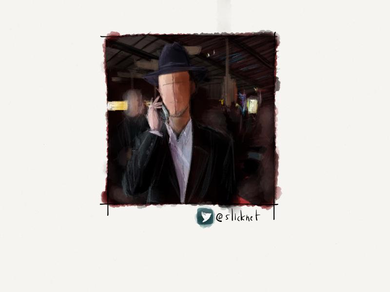 Digital watercolor and pencil portrait of a faceless man talking on a flip phone in a bar, wearing a fancy hat and suit coat.