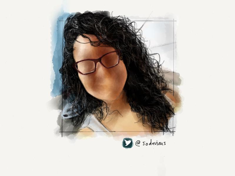 Digital watercolor and pencil portrait of a faceless woman with curly black hair and brown glasses.