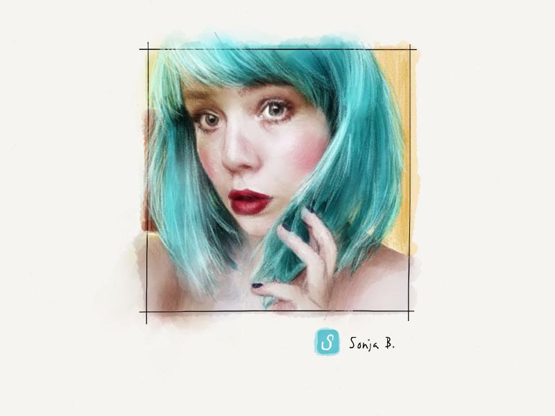 Digital watercolor and pencil portrait of a woman playing with the tips of her aqua marine colored hair.