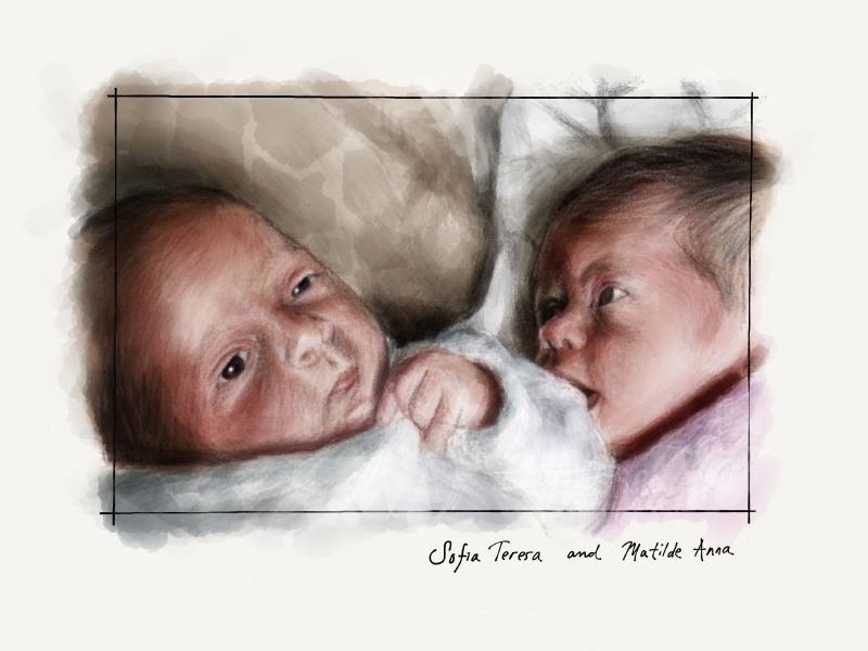 Digital watercolor and pencil portrait of two babies.