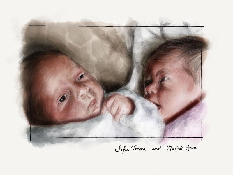 Digital watercolor and pencil portrait of a two babies.