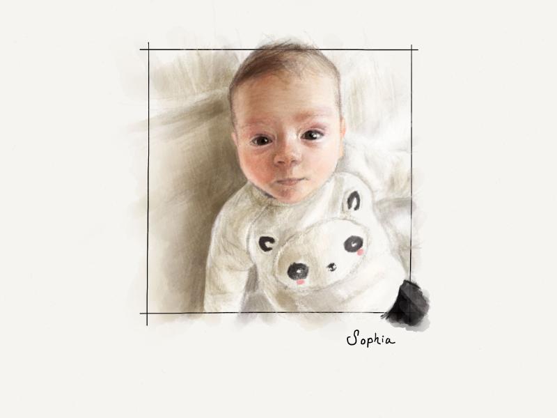 Digital watercolor and pencil portrait of a baby with large brown eyes, and a cartoonish panda on their shirt.
