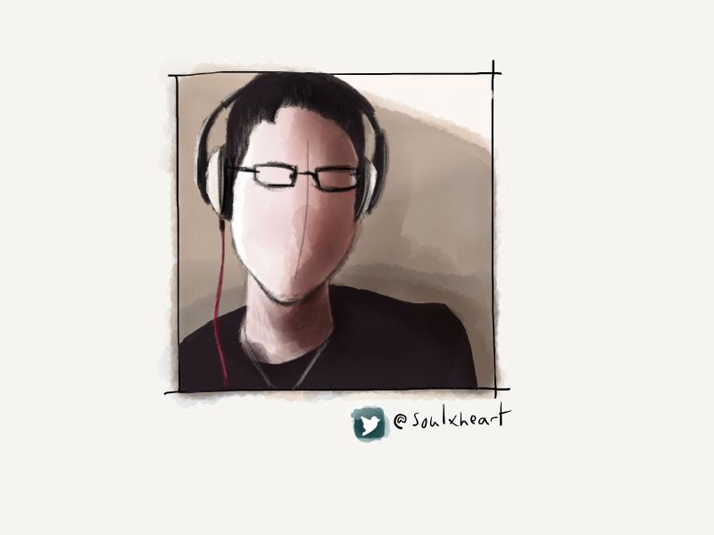 Digital watercolor and pencil portrait of a faceless man wearing over the ear headphones, with a red cord leading down his shirt.