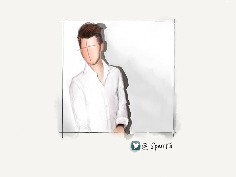 Digital watercolor and pencil portrait of a faceless man with hair sticking up, wearing a white dress shirt in a white room.