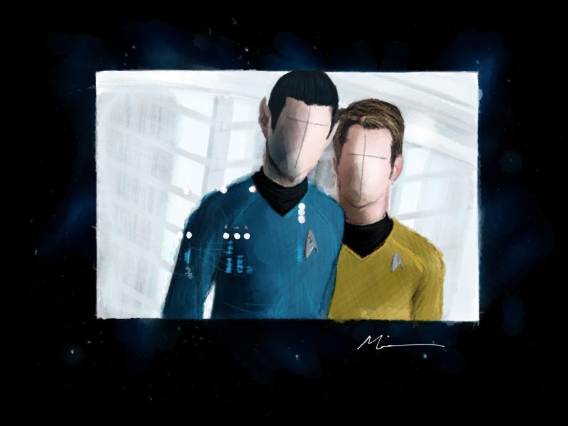 Digital watercolor and pencil portrait of a faceless Mr. Spock and faceless Captain Kirk from Star Trek, standing next to each other in a white room.
