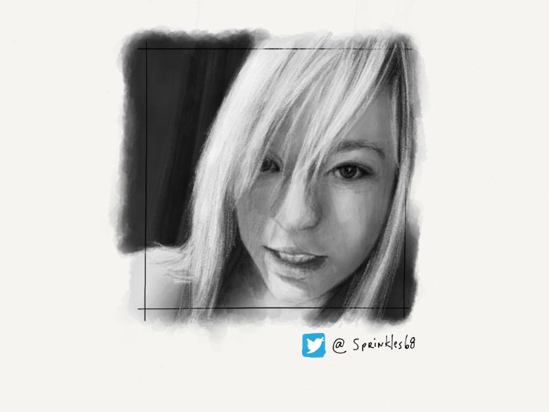 Black and white digital watercolor and pencil portrait of a woman with straight white hair, smiling through her teeth.
