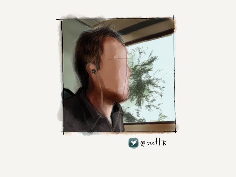 Digital watercolor and pencil portrait of a faceless man wearing ear buds, looking out a window at a tree.
