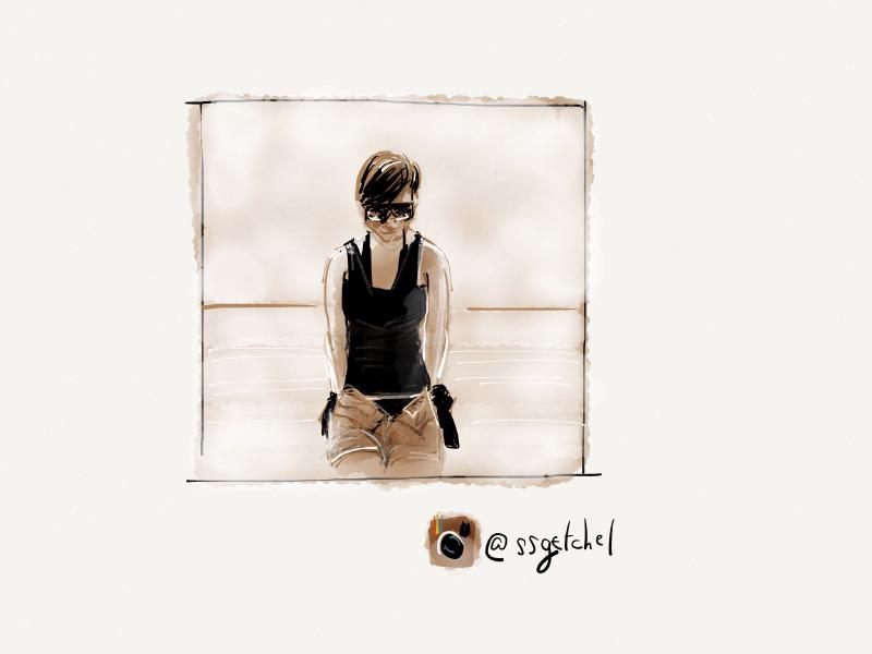Digital watercolor and ink portrait of a woman with short hair and sunglasses at the beach, painted in sepia tones.