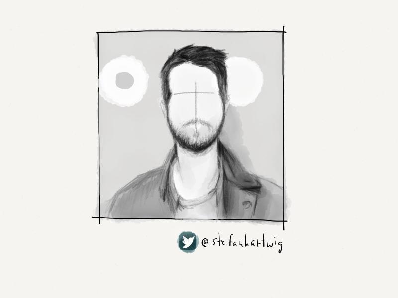 Digital watercolor and pencil portrait of a faceless man with a beard standing in front of an O and circle.