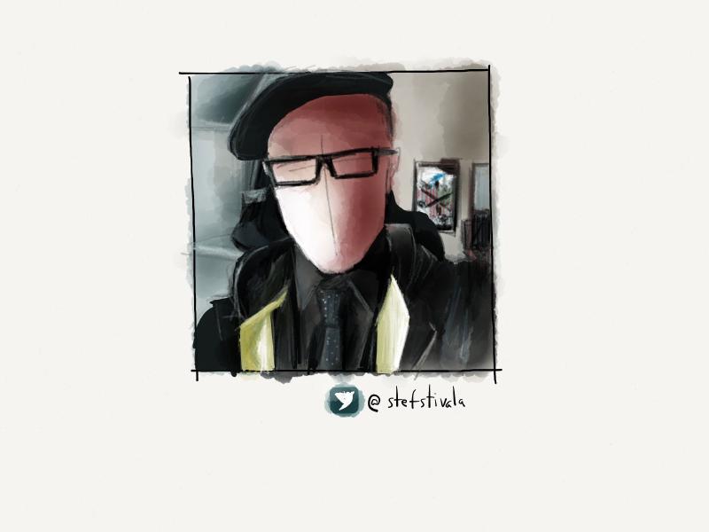 Digital watercolor and pencil portrait of a faceless man wearing a cap, thick glasses, and a tie while taking a selfie indoors.