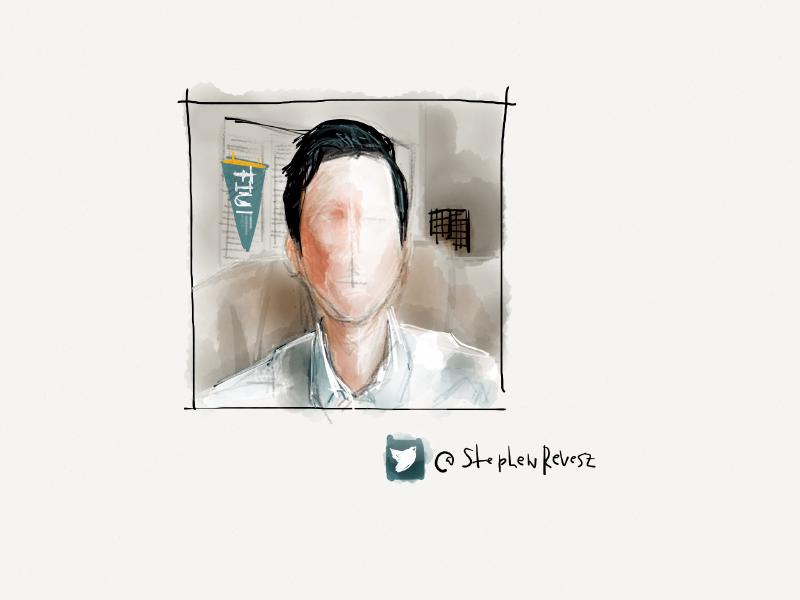 Digital watercolor and pencil portrait of a faceless man in white with a FIU pennant on the wall behind him.