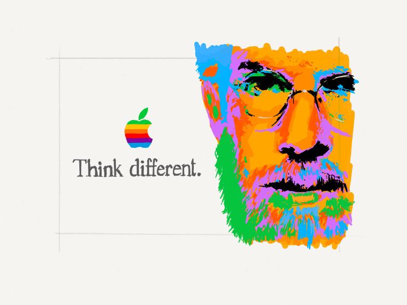 Digital watercolor and ink portrait of Steve Jobs in bright posterized colors. The old rainbow Apple logo and words Think Different are show to the left.