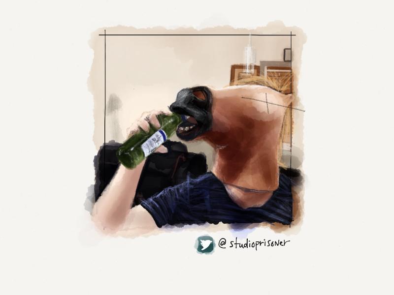 Digital watercolor and pencil portrait of a man wearing a horse head mask, trying to drink a beer in a green bottle.