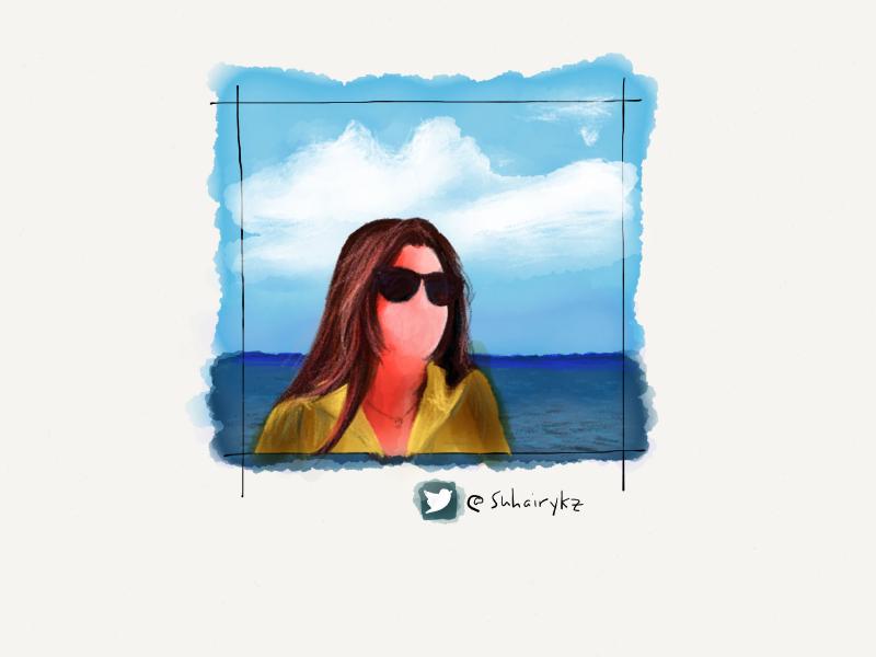 Digital watercolor and pencil portrait of a faceless woman wearing sunglasses and a yellow shirt with a blue sky and water behind her.