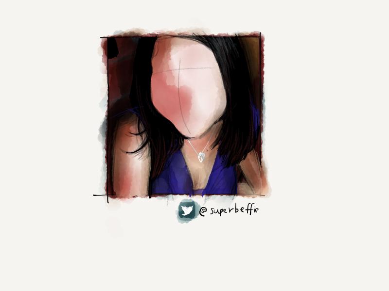 Digital watercolor and pencil portrait of a faceless woman with dark hair, wearing a silver necklace and purple dress.