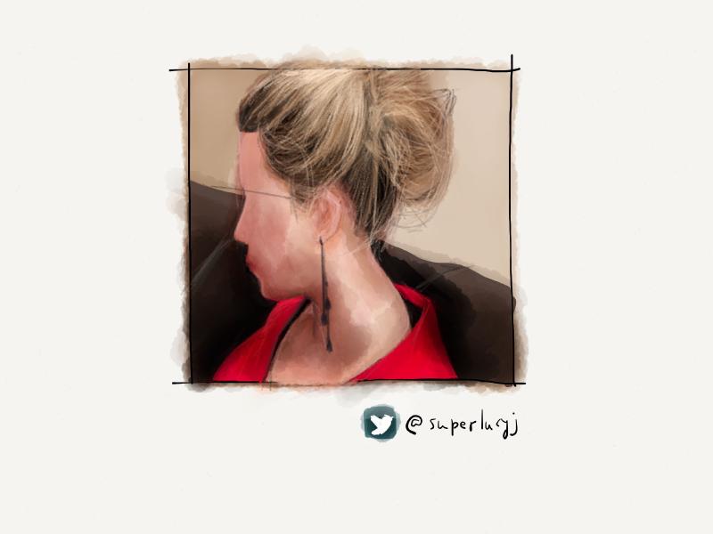 Digital watercolor and pencil portrait of a faceless blonde woman from the side wearing long earrings and a red shirt while sitting on a brown sofa.