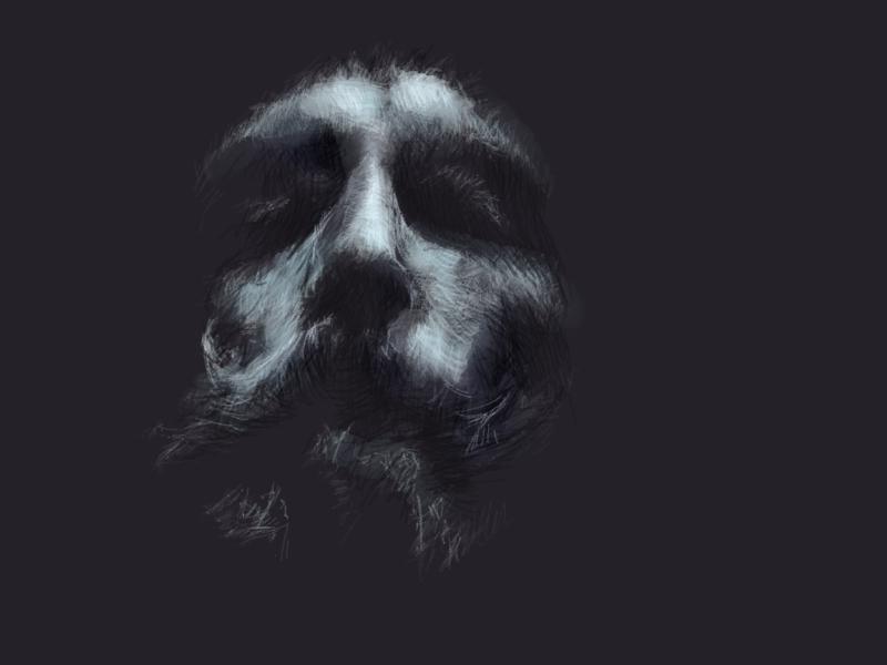 Digital watercolor and pencil portrait of a bearded man with his eyes closed, face surrounded in shadow.