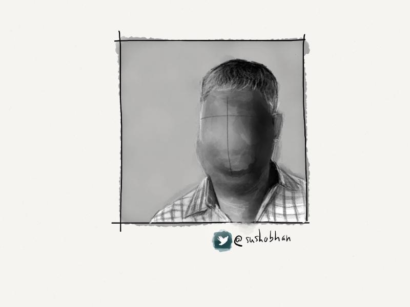 Black and white digital watercolor portrait of a faceless man with short cropped hair and wearing a striped dress shirt.