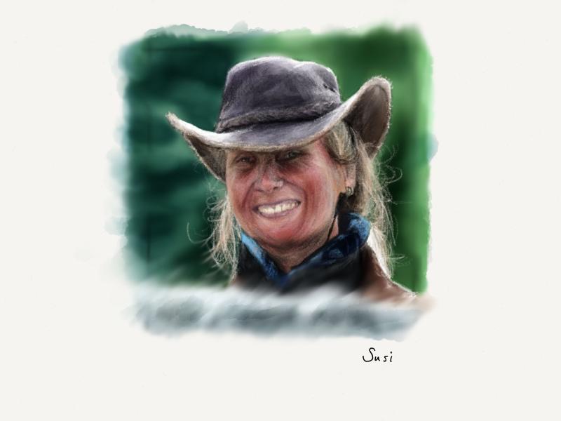 Digital watercolor and pencil portrait of a woman wearing a worn Cowboy style hat with a strong bokeh of trees behind her.