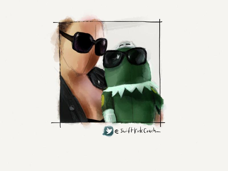 Digital watercolor and pencil portrait of a faceless woman wearing large sunglasses, holding a green Kermit the fron knockoff stuff animal, also wearing sunglasses.