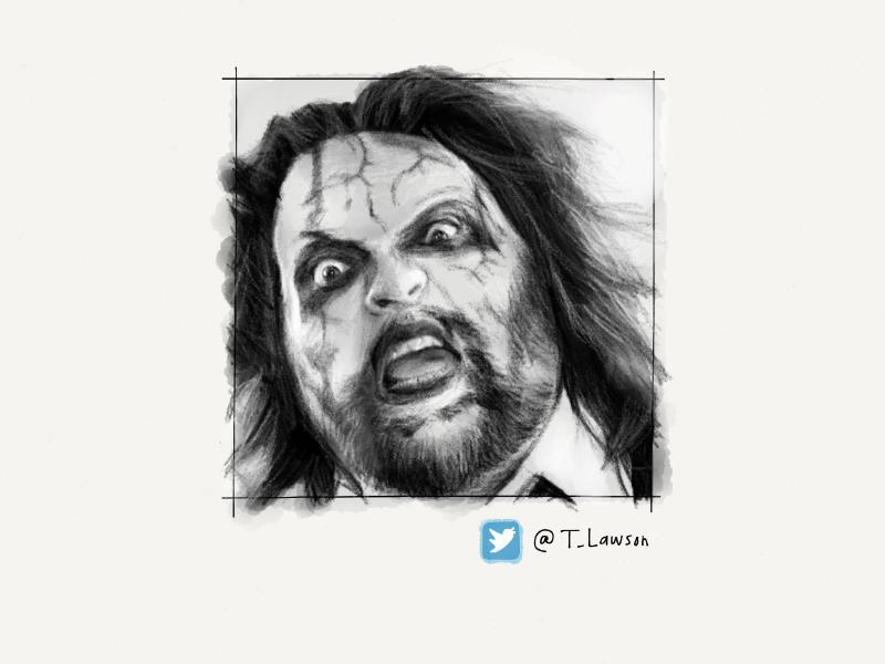 Black and white digital watercolor and pencil portrait of a bearded man in ghoul makeup.