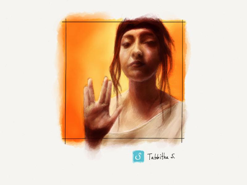 Digital watercolor and pencil portrait of a woman making a V with her right hand with a strong orange light coming from behind.