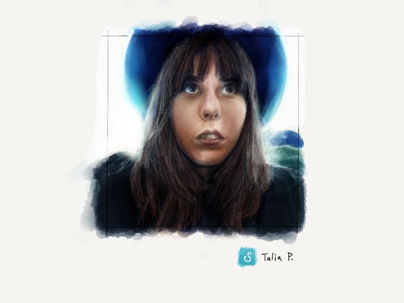 Digital watercolor and pencil portrait of a woman with brown hair wearing a hat with a bright light around the brim.