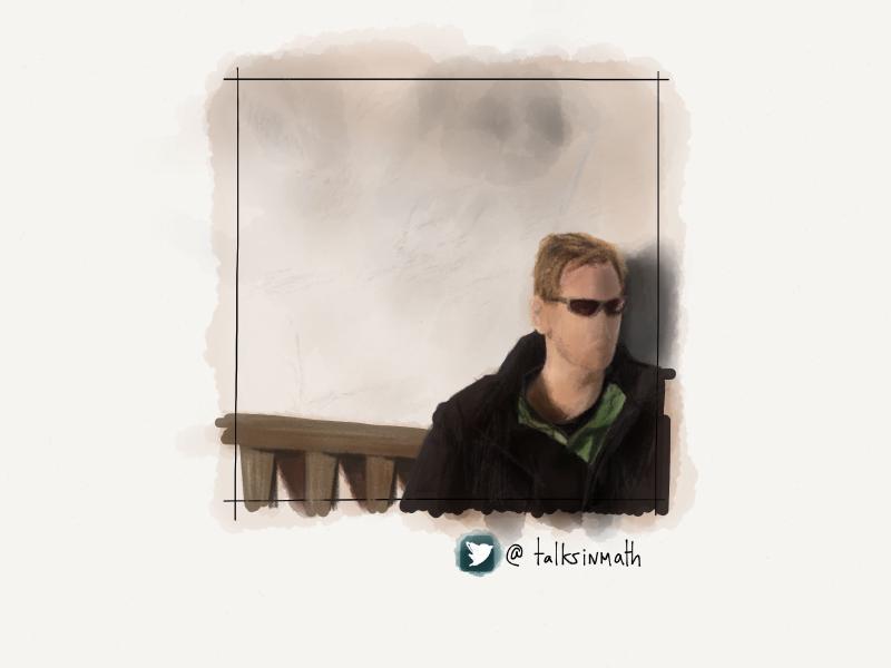 Digital watercolor and pencil portrait of a faceless man sitting on a wooden bench.