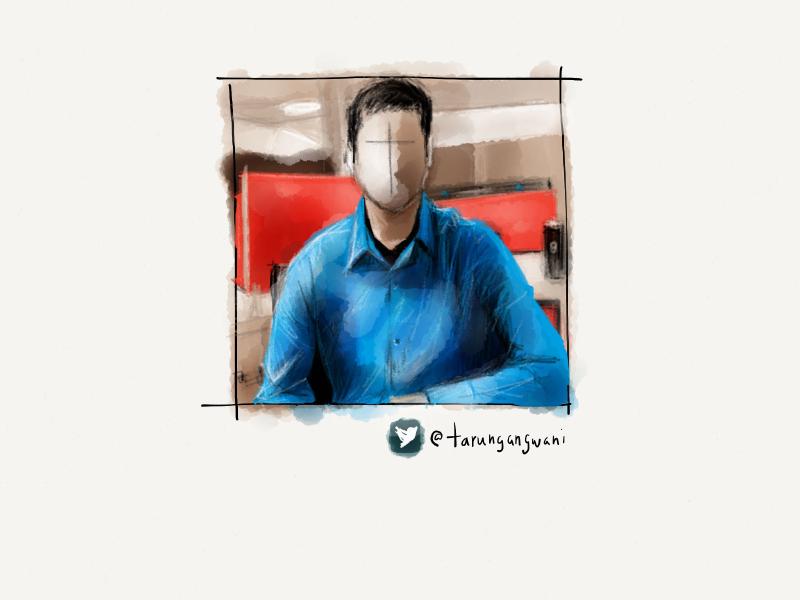 Digital watercolor and pencil portrait of a faceless man in a blue dress shirt sitting.