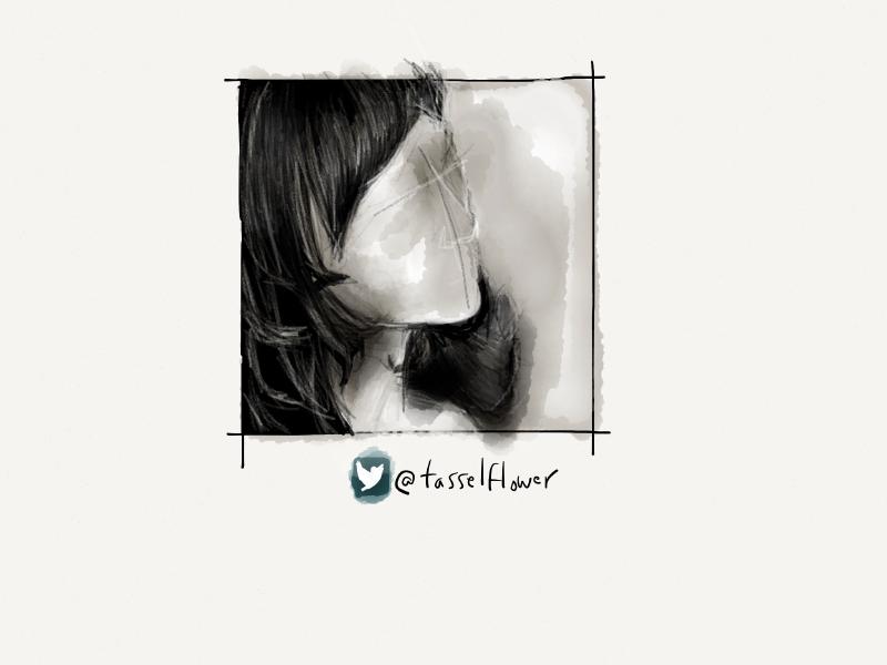 Black and white digital watercolor and pencil portrait of a faceless woman with bangs looking up.