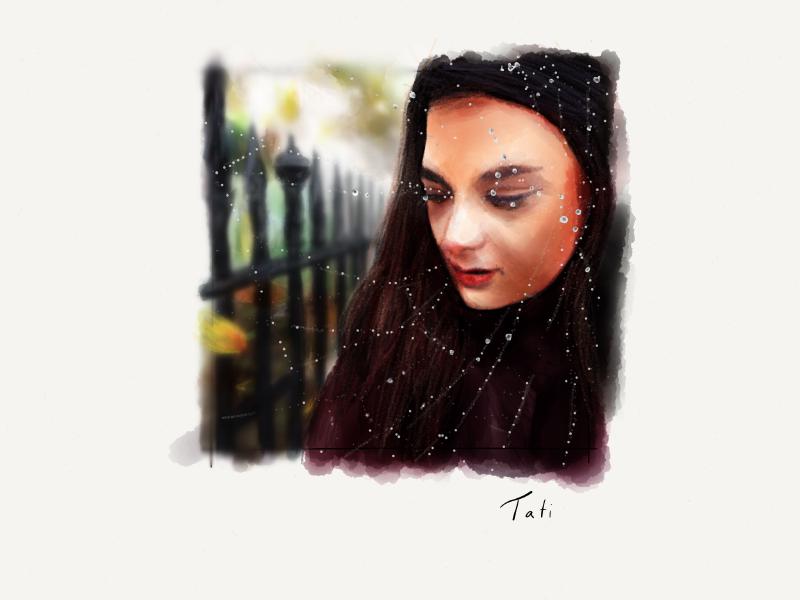 Digital watercolor and pencil portrait of a woman in front of a large spider web with drops of water stuck to it.