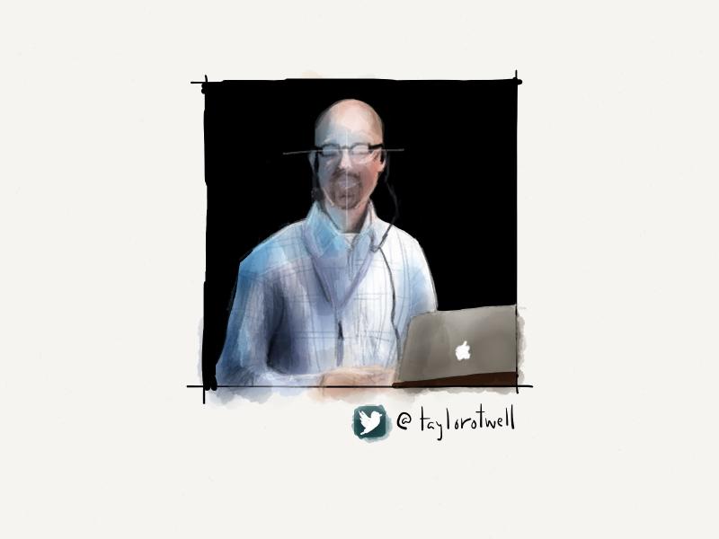 Digital watercolora and pencil portrait of a faceless man in glasses giving a presentation as he works on an Apple laptop.