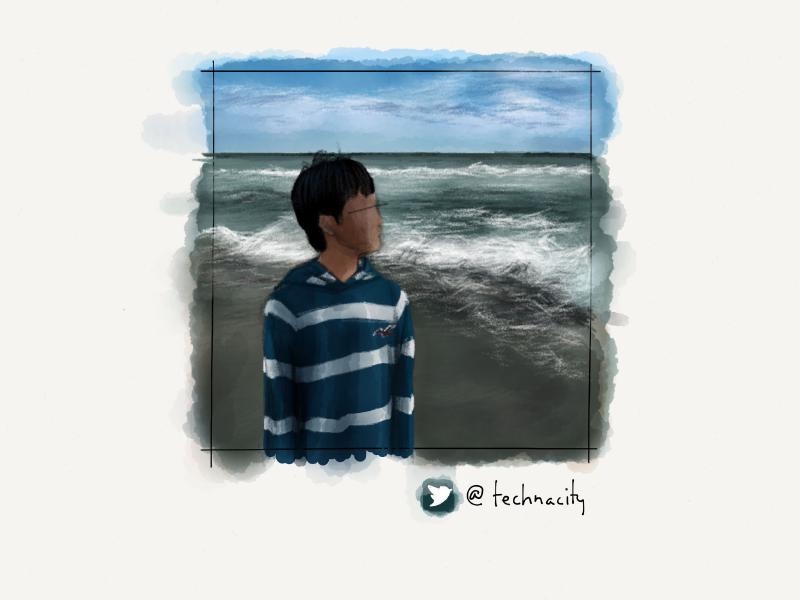 Digital watercolor and pencil portrait of a faceless young man walking on the beach near crashing waves.