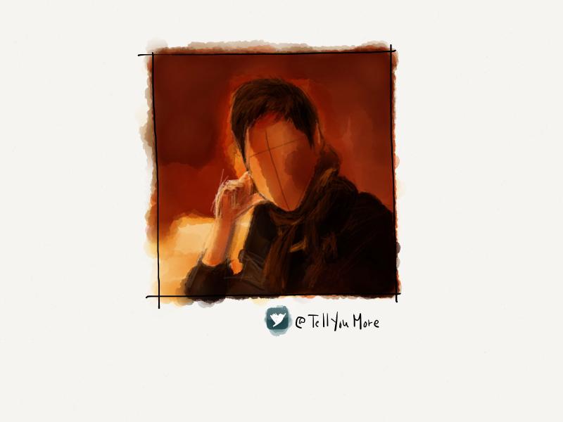 Digital watercolor and pencil portrait of a faceless man in a scarf, resting his face on his right hand. Painted in orange tones.
