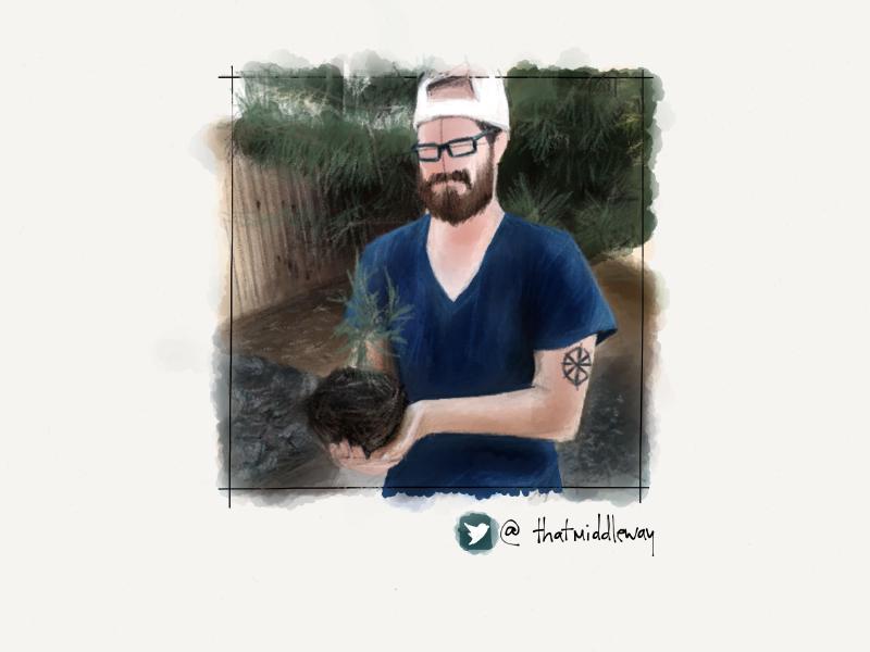 Digital watercolor and pencil portrait of a bearded man wearing glasses, a backwards white baseball hat, and holding a pile of dirt with a small pine tree growing in it.