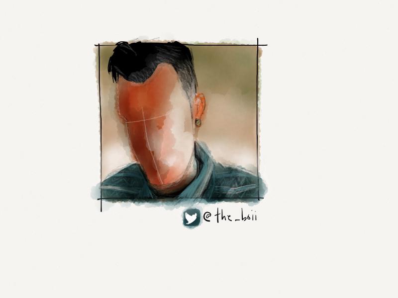 Digital watercolor and pencil portrait of a faceless man with stretched ears.