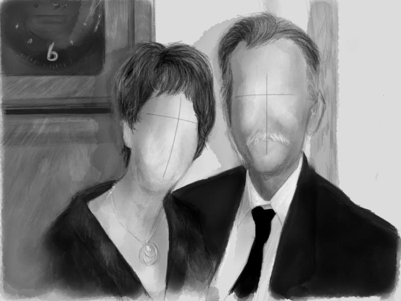 Black and white digital watercolor and pencil portrait of a faceless woman and man dressed fancy.