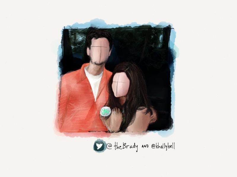 Digital watercolor and pencil portrait of a faceless couple holding a small sign that says Yes.